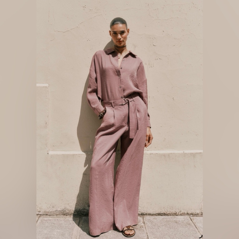 Zara High-Waisted Wide Leg Belted Pants - Marsala Size Large